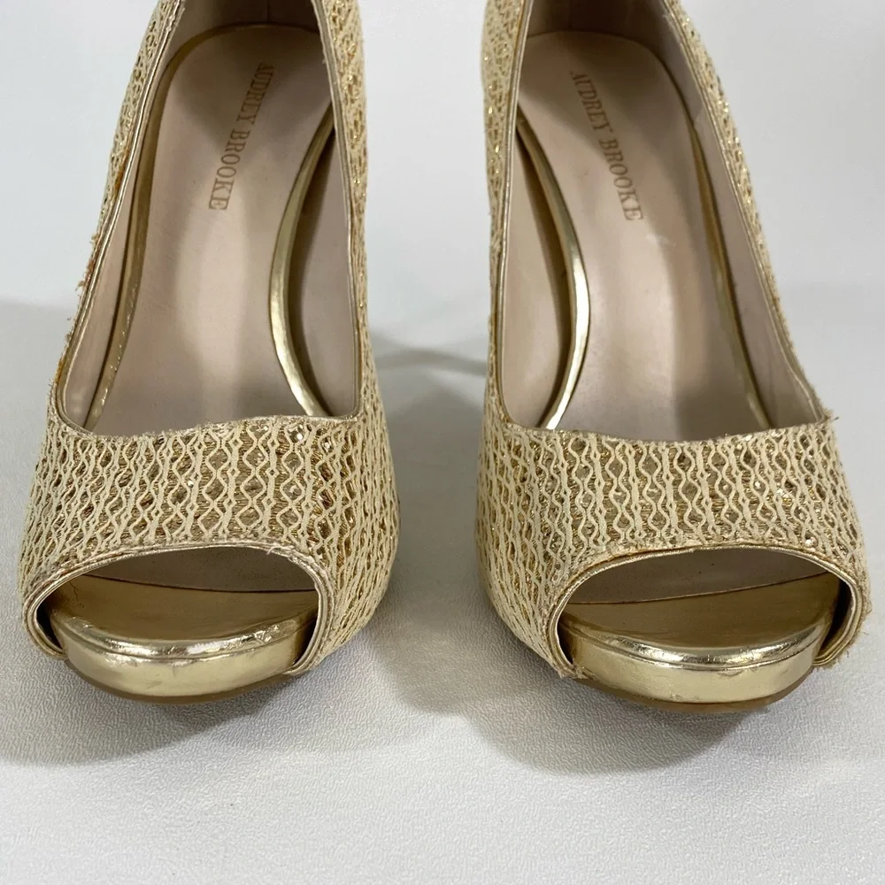 Gold Shimmer Peep Toe Heels 10 Audrey Brooke 4